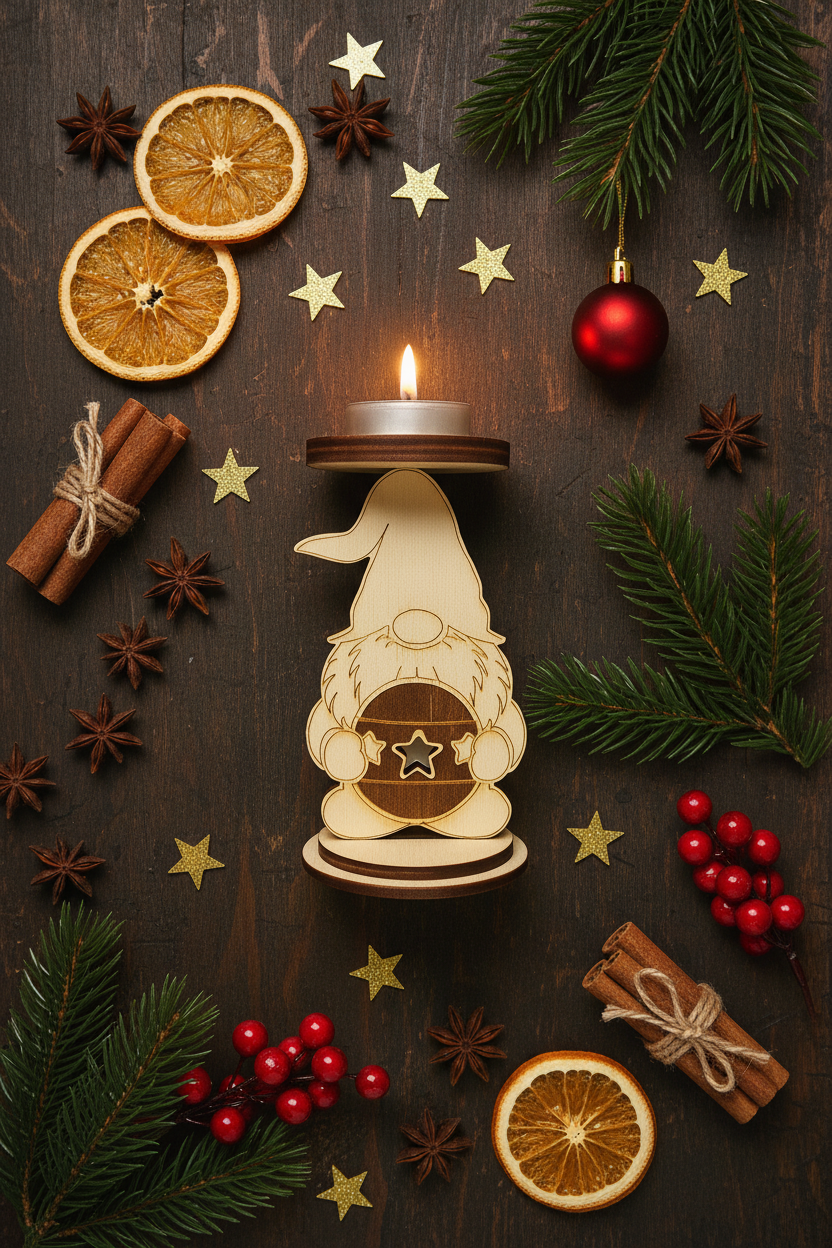 Holz-Teelichthalter Gnome Flat Lay mit Weihnachtsdekoration von oben