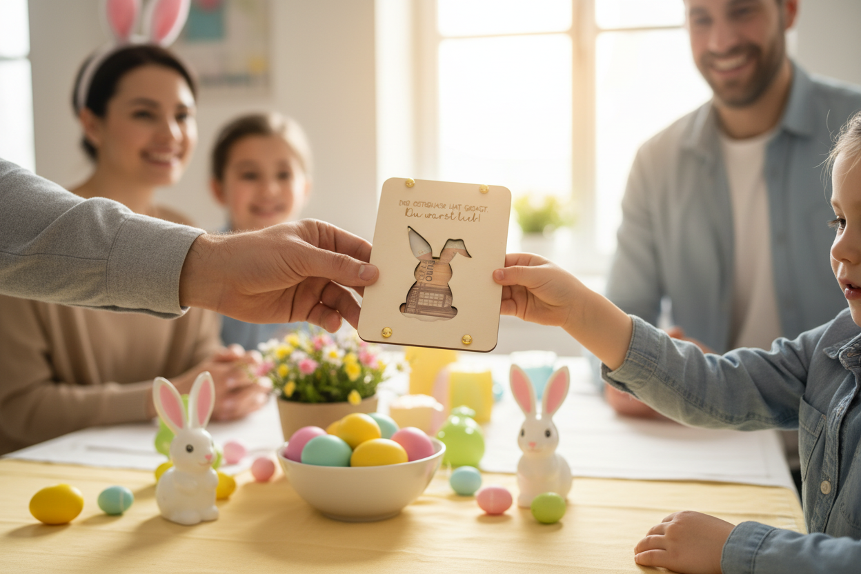 Osterkarte aus Holz wird als Geschenk überreicht - Osterfeier