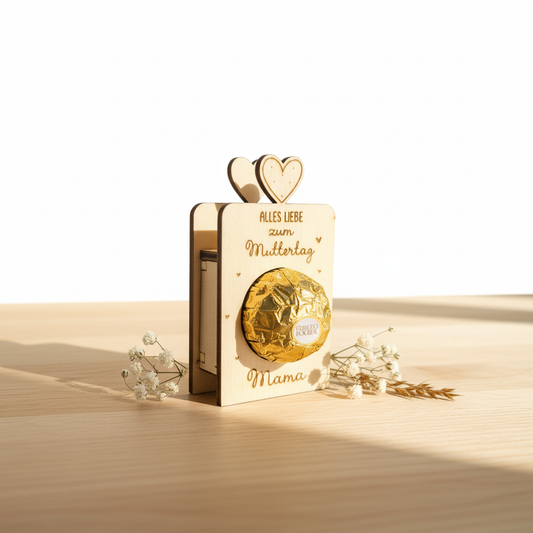 Holz-Pralinenhalter Alles Liebe zum Muttertag auf Holztisch
