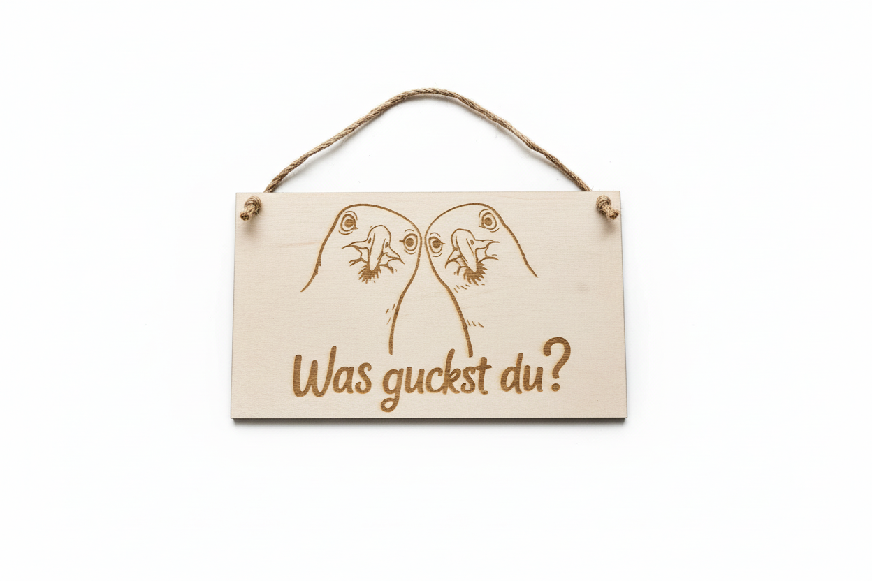 Holzschild Was guckst du – Produktfoto horizontal weißer Hintergrund