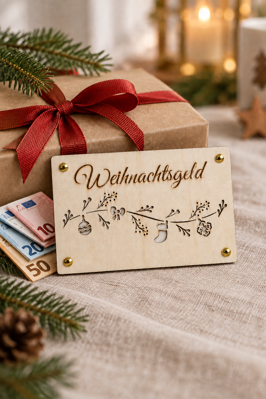 Weihnachtsgeld aus Holz neben einer Geschenkverpackung mit Euro-Banknoten