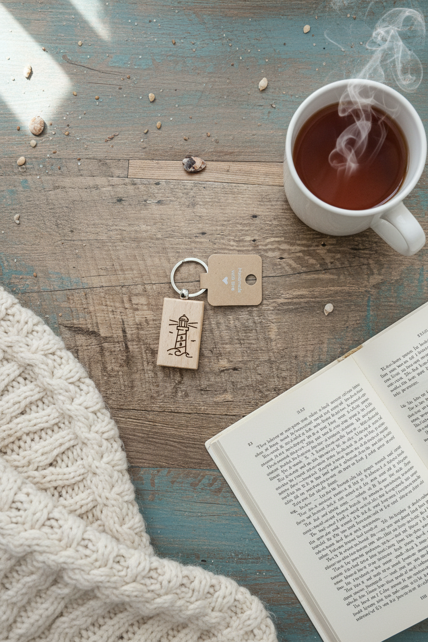Leuchtturm-Schlüsselanhänger auf blauem Tisch mit Tee, Buch und Decke - Hygge Küstenatmosphäre