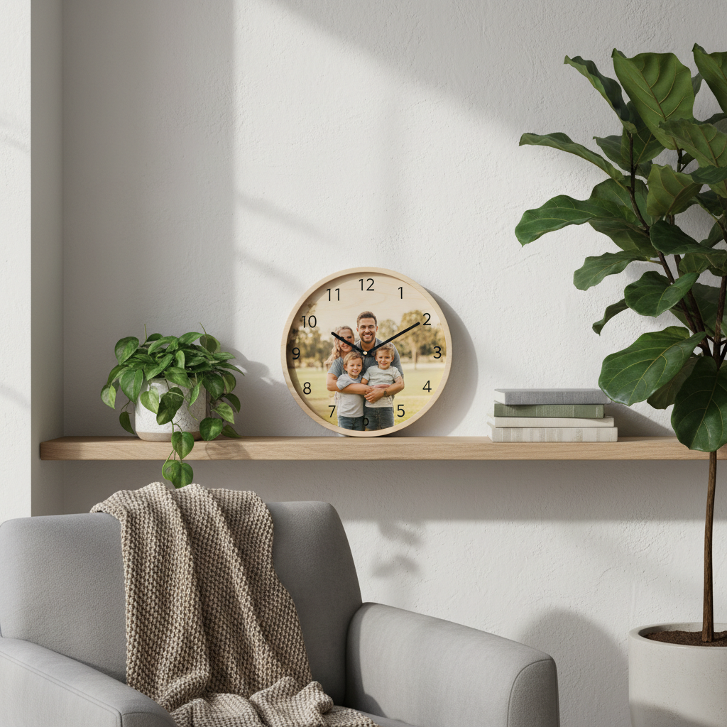 Personalisierte Wanduhr – Lifestyle Regal skandinavisch mit Familienfoto