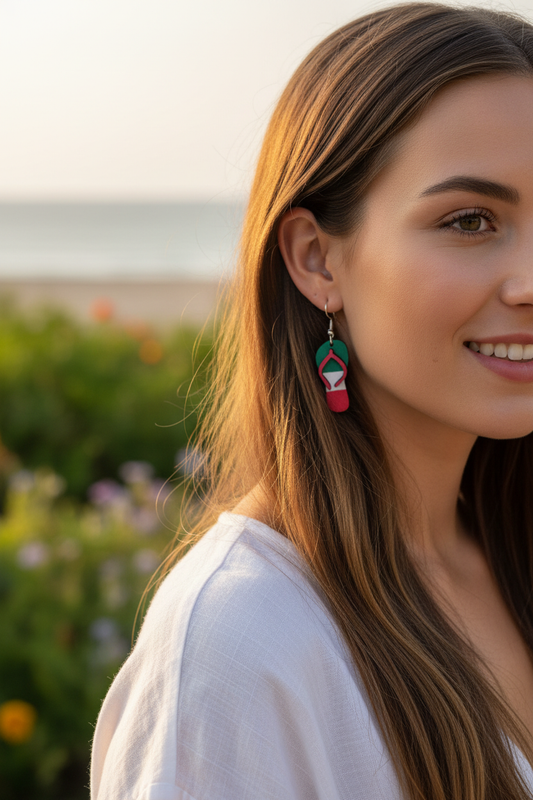 Ragazza che indossa orecchini in legno Flip-Flop tricolor verde bianco rosso con gancio in argento 925