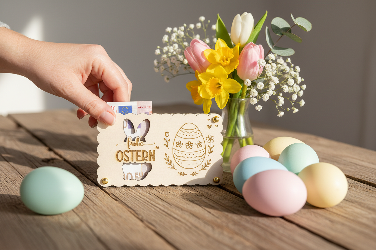 Holzkarte Frohe Ostern mit Hase als Geldgeschenk auf Ostertisch