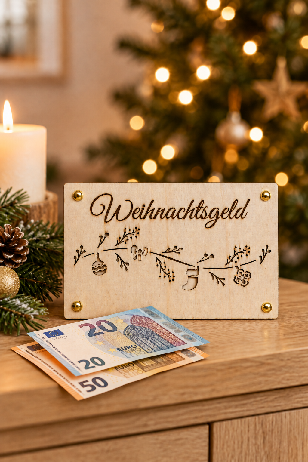 Weihnachtsgeld aus Holz mit Euro-Banknoten in weihnachtlicher Umgebung