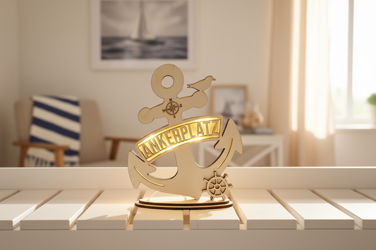 Ankerplatz Holzdeko mit LED auf Nachttisch - Abendstimmung