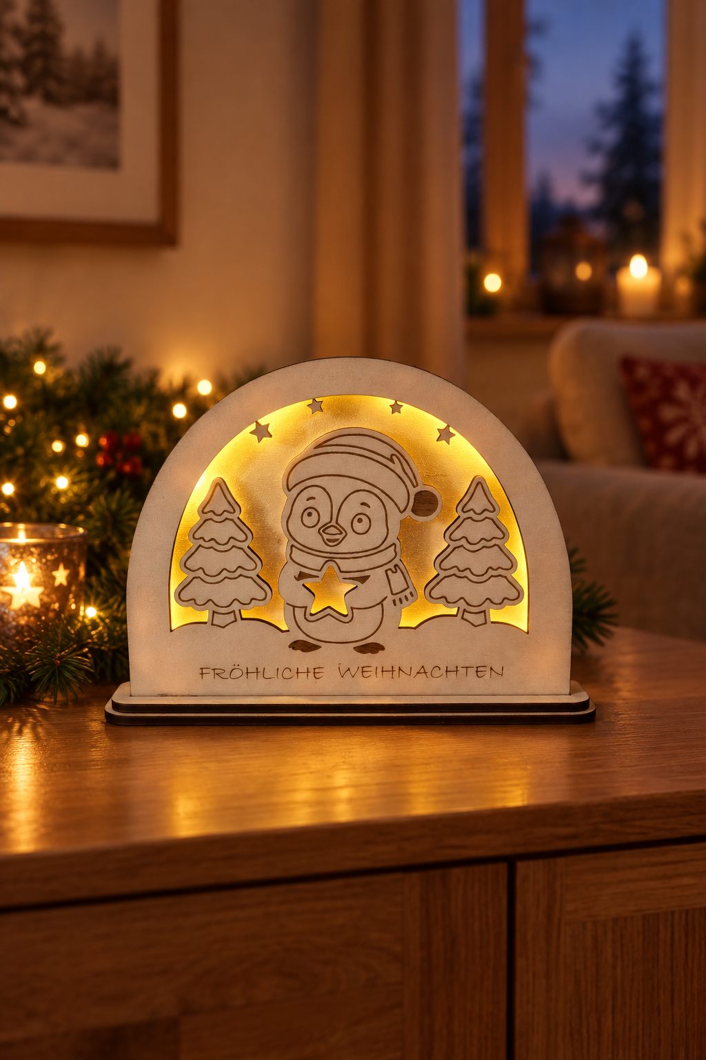 Weihnachtslampe mit Pinguin auf einem Sideboard