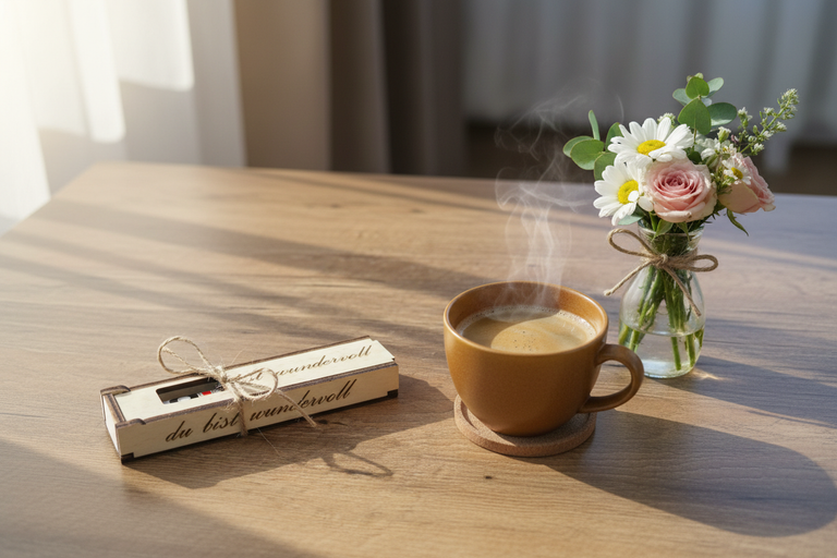 Holzgeschenk Du bist wundervoll auf rustikalem Tisch mit Kaffee und Blumen