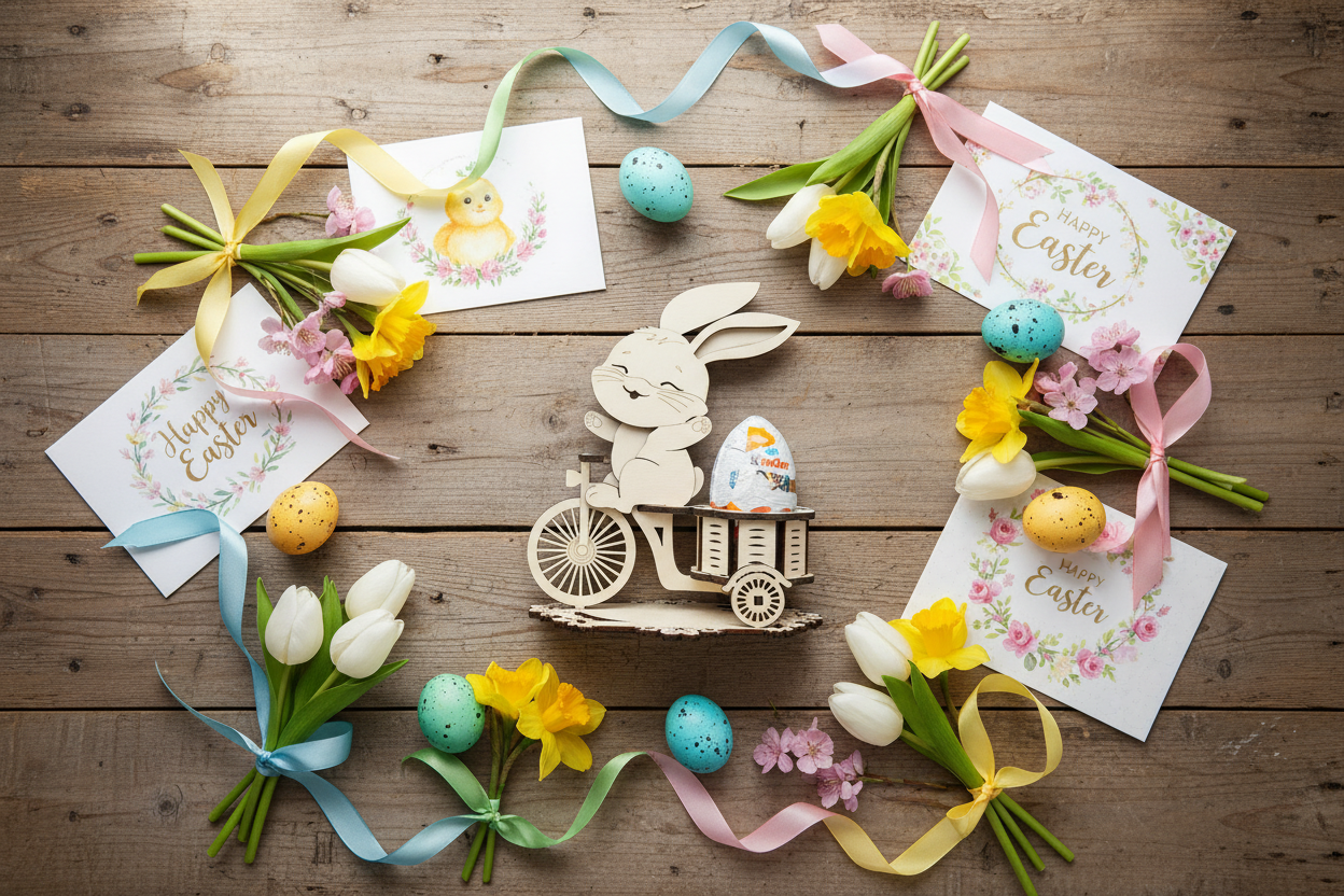 Osterhasen Dekoration Flat Lay mit Frühlingsblumen