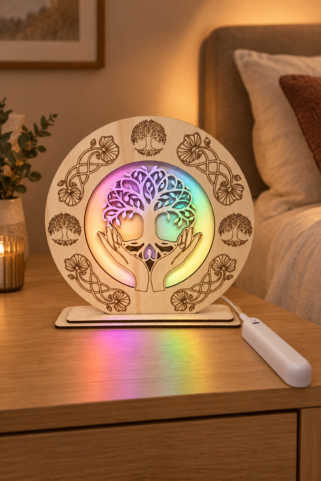 Runde LED-Lampe aus Holz mit Lebensbaum-Motiv und RGB-Beleuchtung auf einem Nachttisch im gemütlichen Schlafzimmer