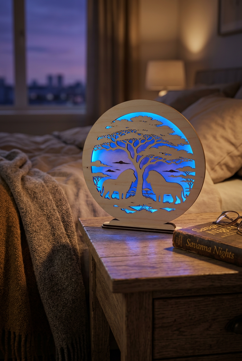 Runde RGB-Holzlampe mit Löwen und Akazie auf einem Nachttisch im Schlafzimmer, blau beleuchtet