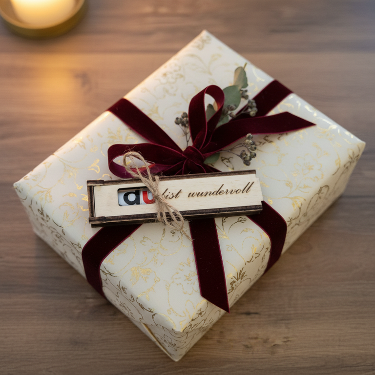 Holzgeschenk Du bist wundervoll auf Geschenkverpackung mit Schleife