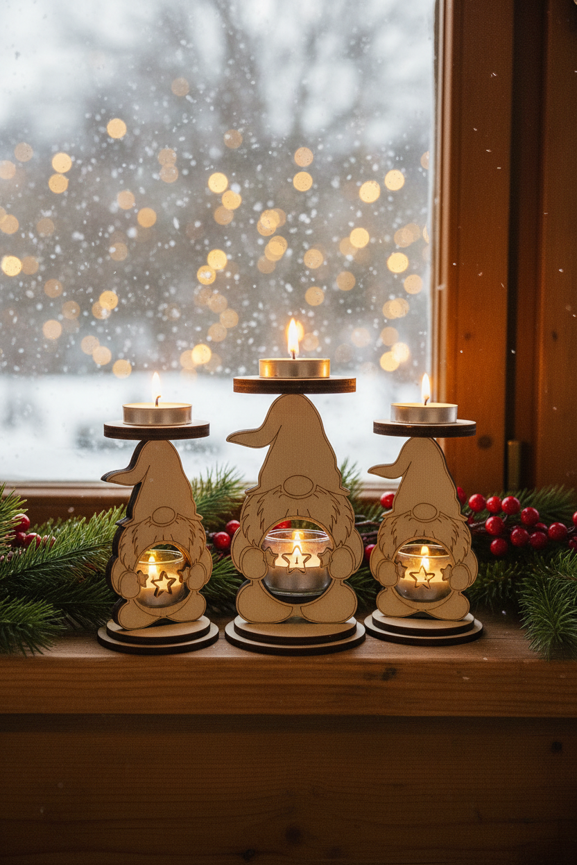 Drei Holz-Teelichthalter Weihnachtsgnome auf dem Fensterbrett mit Schnee