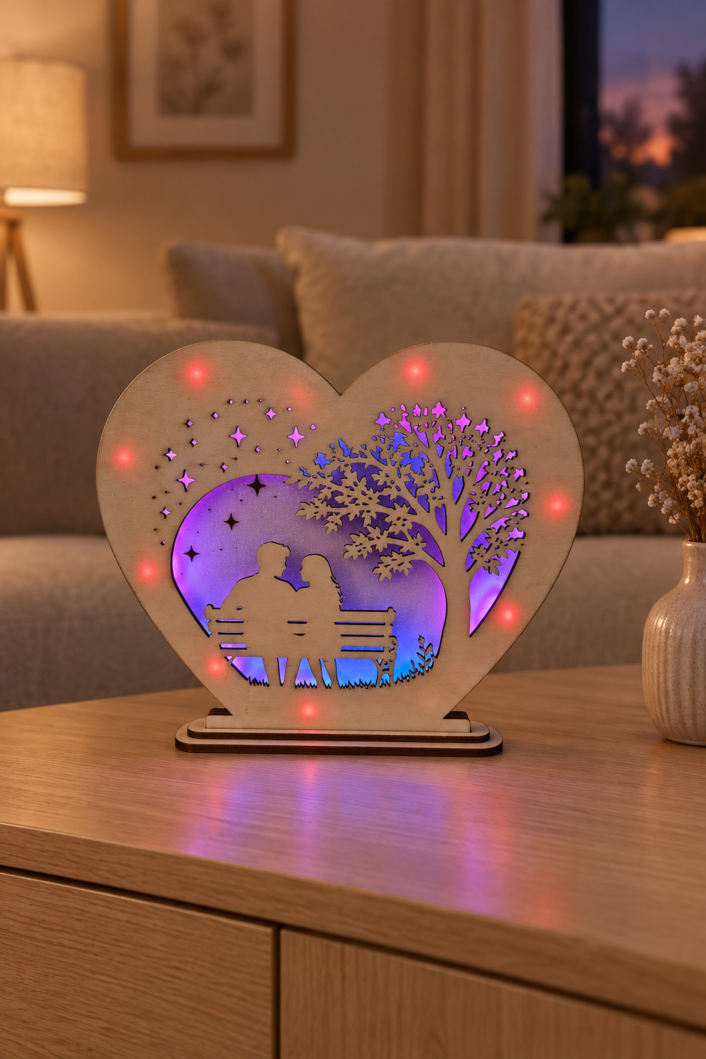 LED-Holzherz mit RGB-Beleuchtung im Wohnzimmer