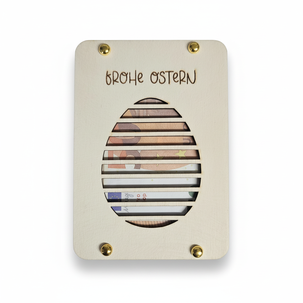 Frohe Ostern Holzkarte mit Geldgeschenk Ei-Design