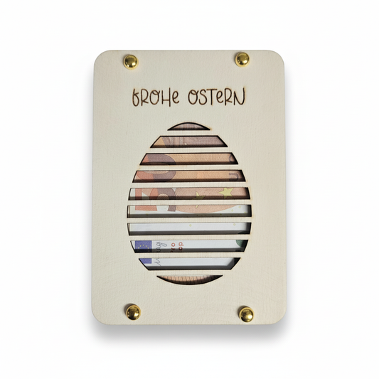 Frohe Ostern Holzkarte mit Geldgeschenk Ei-Design
