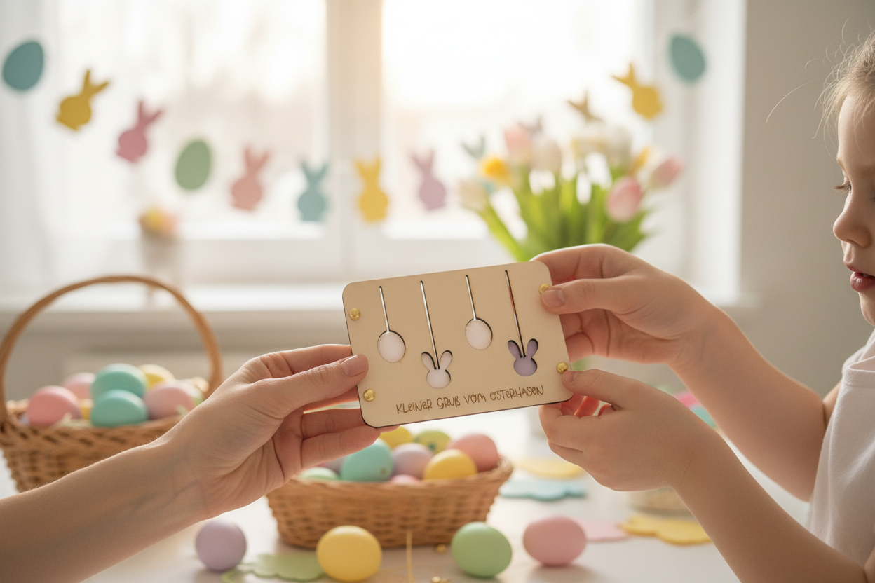 Osterkarte wird als Geschenk überreicht - Osterfeier