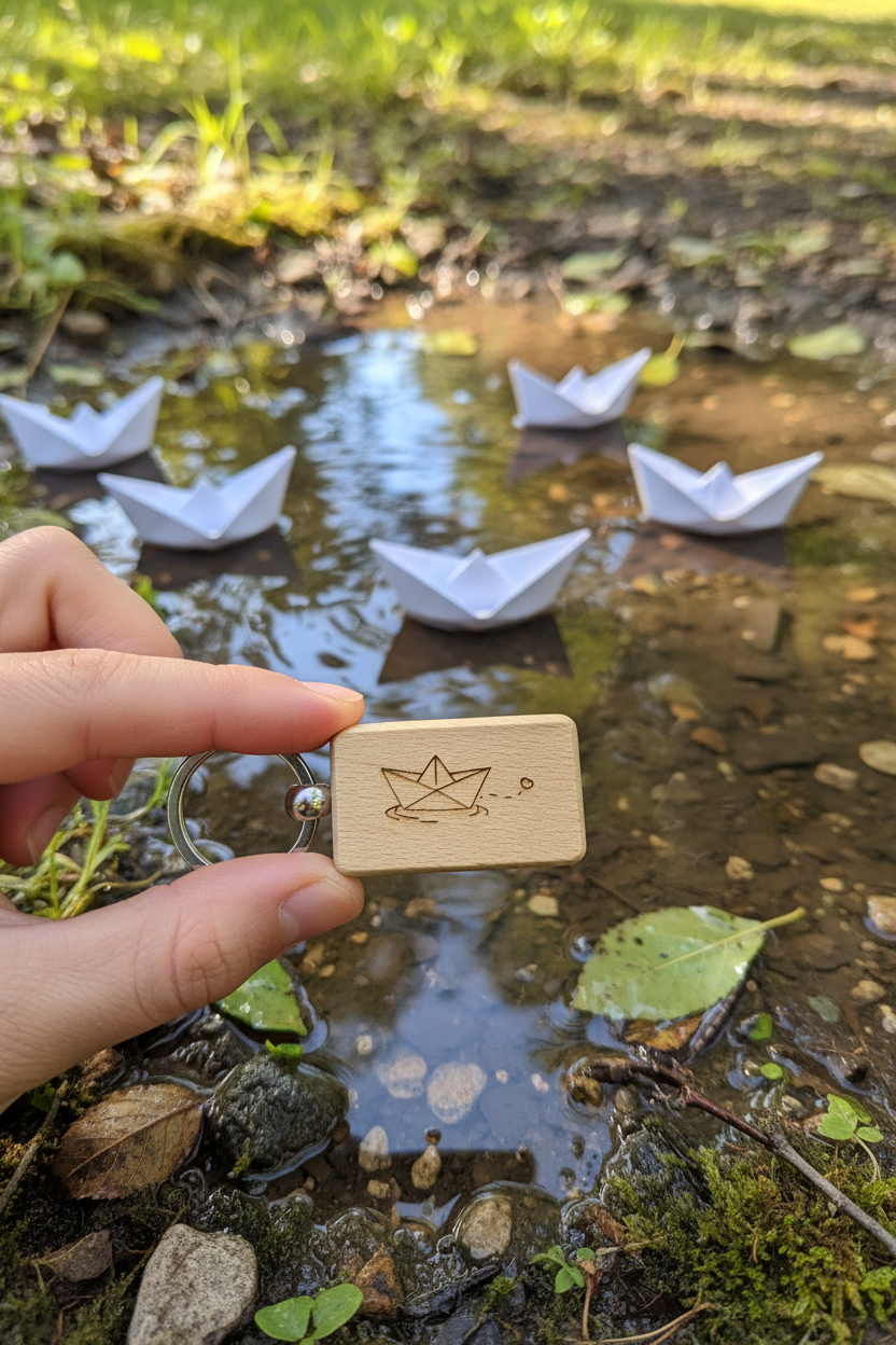 Hand hält Papierboot-Schlüsselanhänger am Rinnsal mit echten Papierbooten