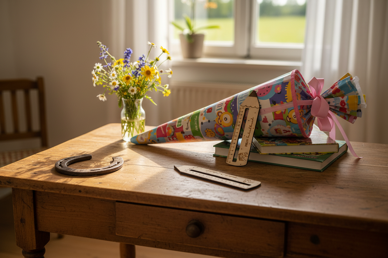 Holzlineal Pferd lifestyle mit Schültüte und Wildblumen