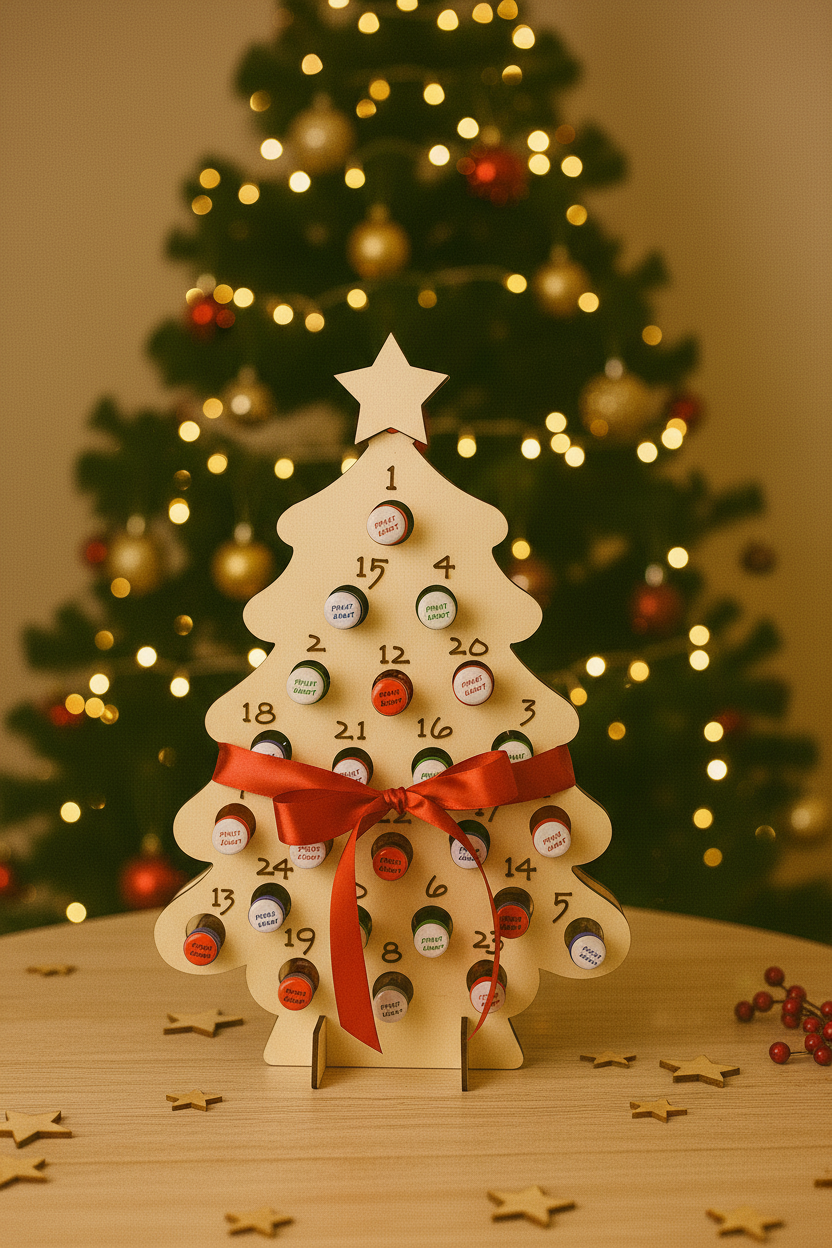 Holz-Adventskalender Weihnachtsbaum als Geschenk mit roter Schleife