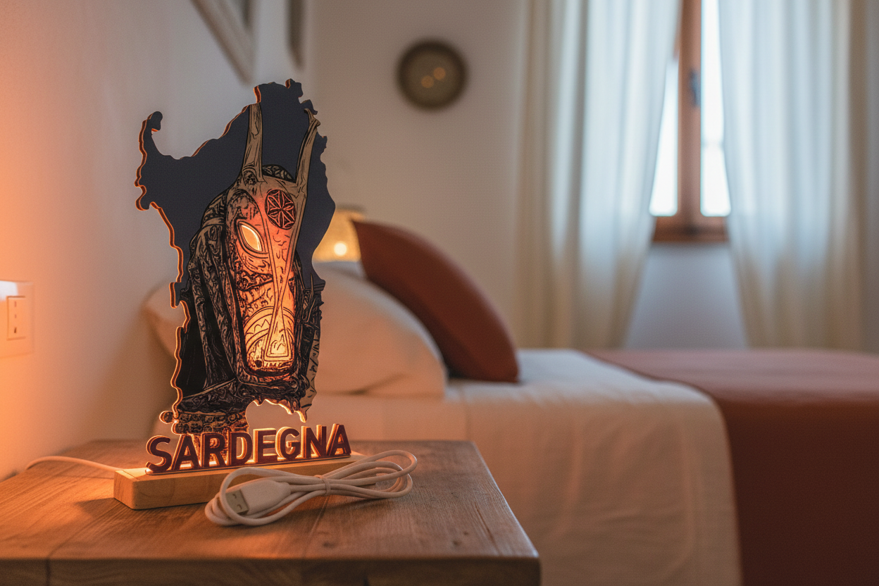 LED-Lampe Maschera Tradizionale auf Nachttisch im Schlafzimmer