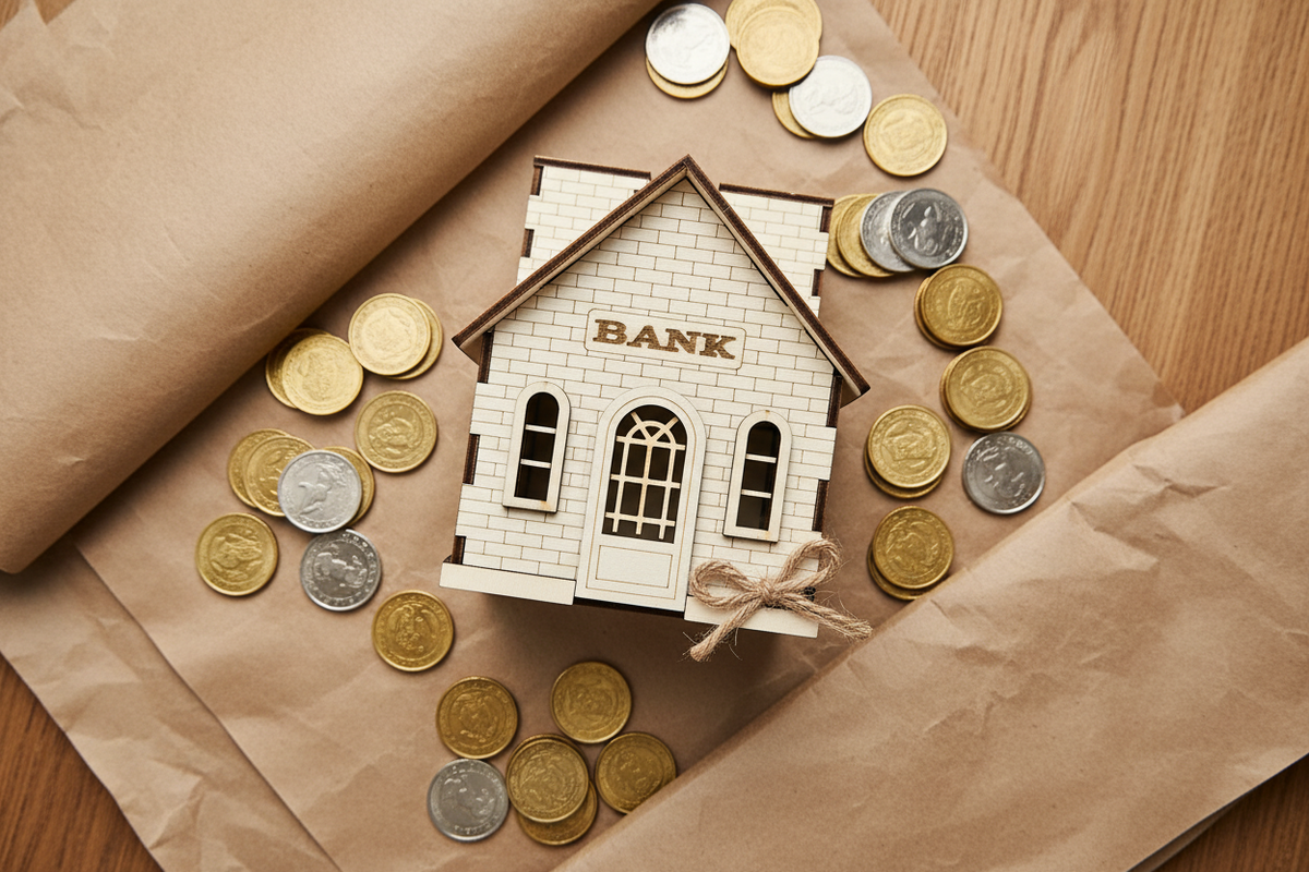 Spardose Bank Flat Lay mit Goldmünzen
