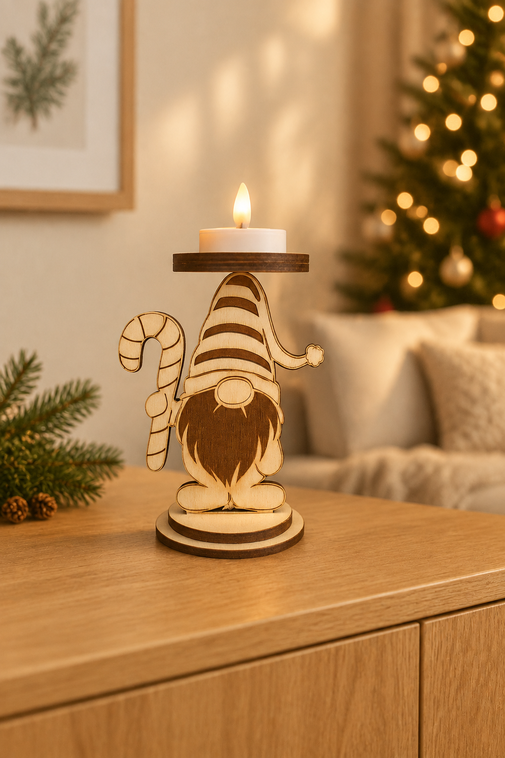 Weihnachtlicher Holz-Teelichthalter mit Zuckerstange auf einer Kommode in gemütlicher Weihnachtsdekoration