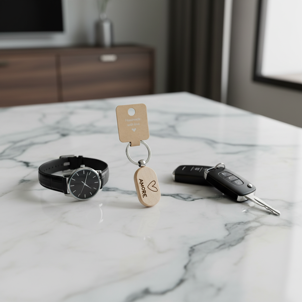 Edler AMORE Schlüsselanhänger auf Marmor mit Designer-Uhr und Autoschlüsseln