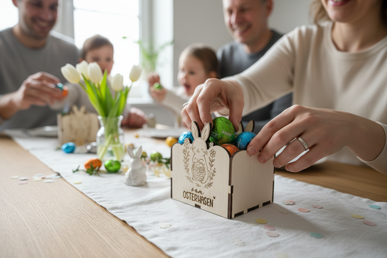 Familienmoment beim Befüllen der Osterhasen Box mit Schokolade