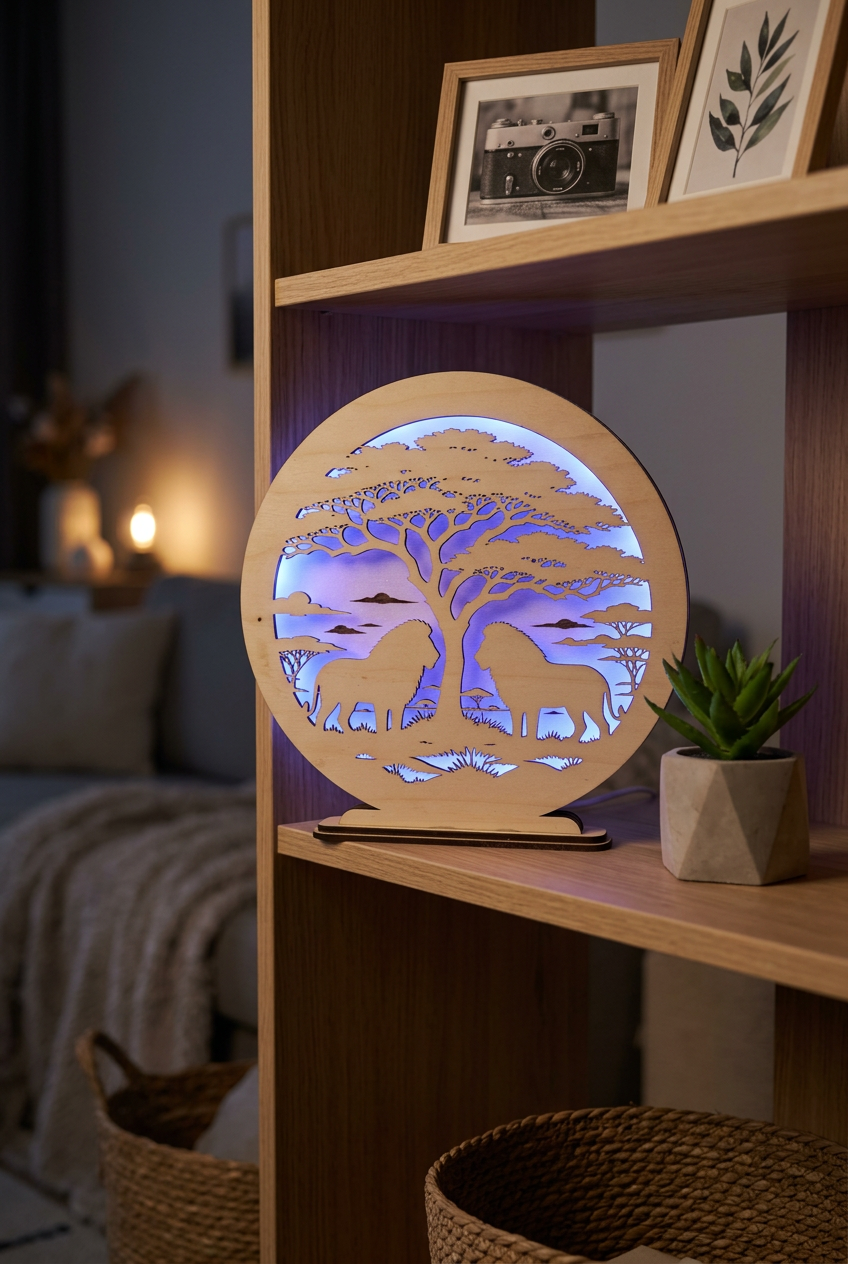 Runde RGB-Holzlampe mit Savannenmotiv auf einem Regal im Wohnzimmer, violett-blau beleuchtet