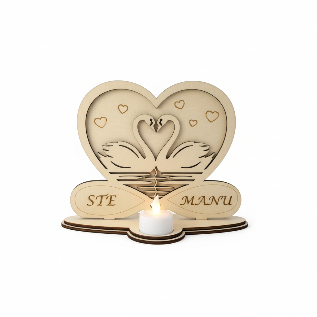 Portacandela a cuore in legno con cigni incisi e nomi personalizzati STE e MANU