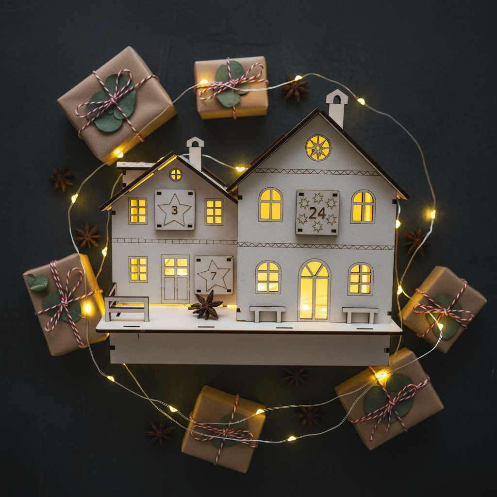Adventskalender Holzhaus – Weihnachtliches Flat Lay