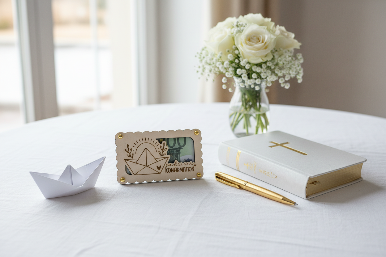 Lifestyle Geldgeschenk Konfirmation Papierschiff Tisch mit Bibel