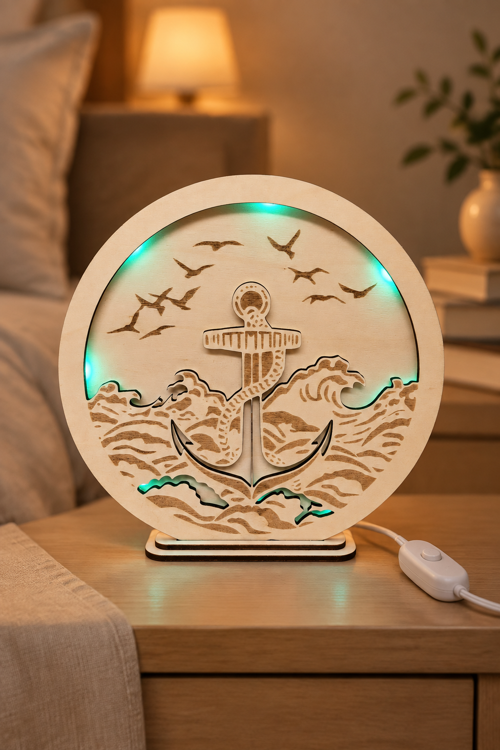 RGB-Lampe mit Anker auf einem Nachttisch