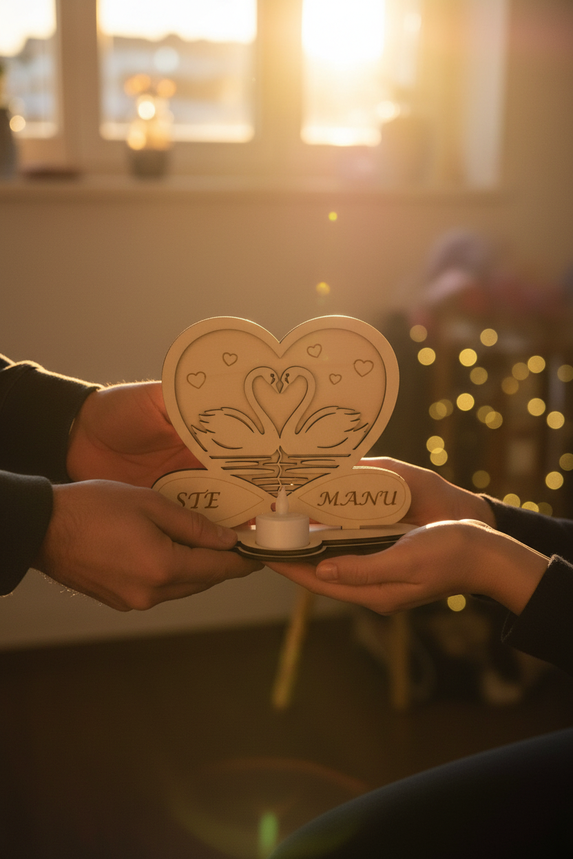 Mani che tengono portacandela cuore con cigni personalizzato come regalo romantico