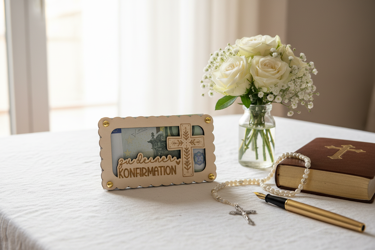 Lifestyle Geldgeschenk Konfirmation Tisch mit Bibel und Blumen