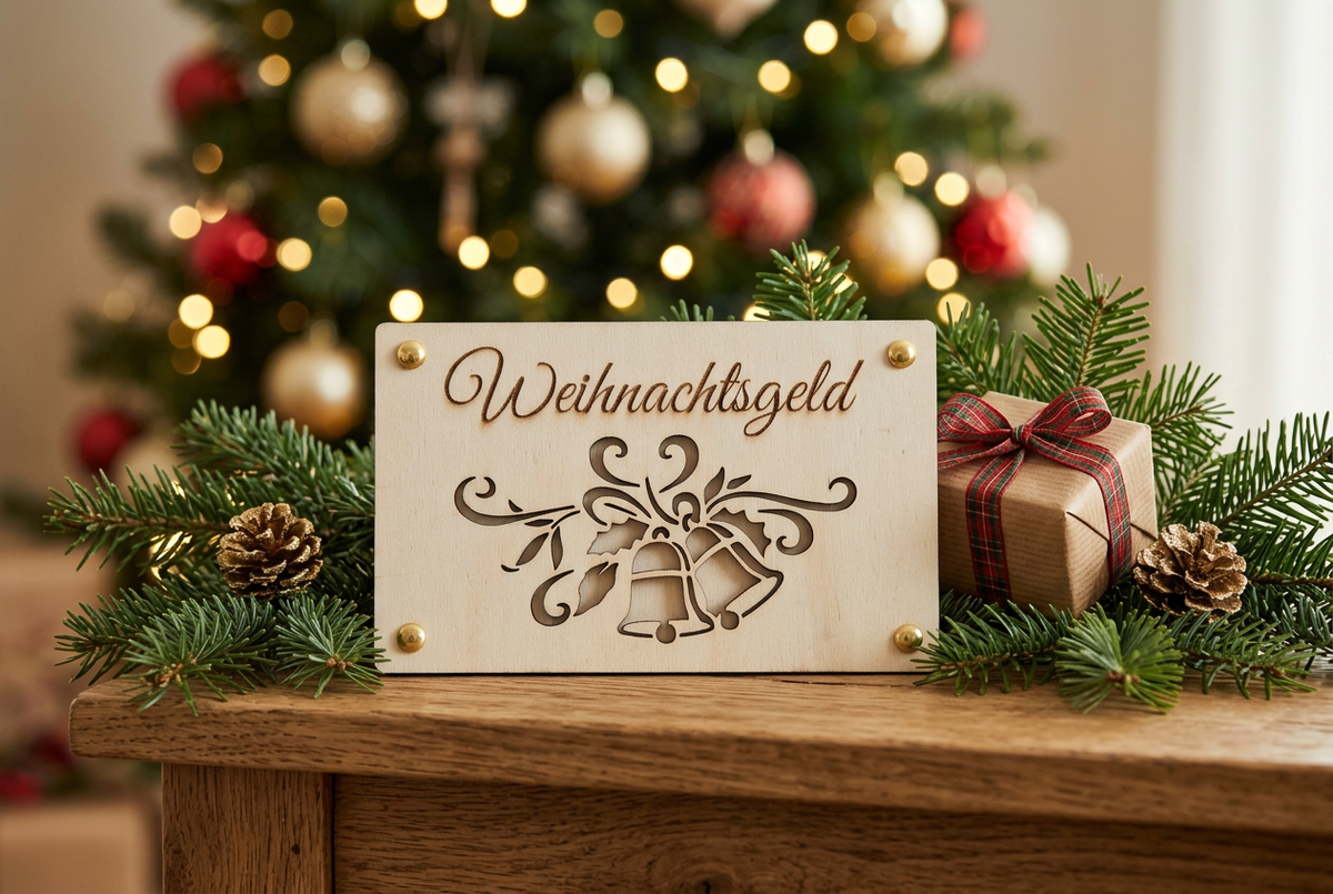 Weihnachtsgeld aus Holz in weihnachtlicher Atmosphäre mit warmen Lichtern