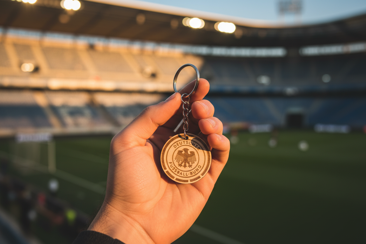 Holz-Schlüsselanhänger DFB in der Hand vor Stadion
