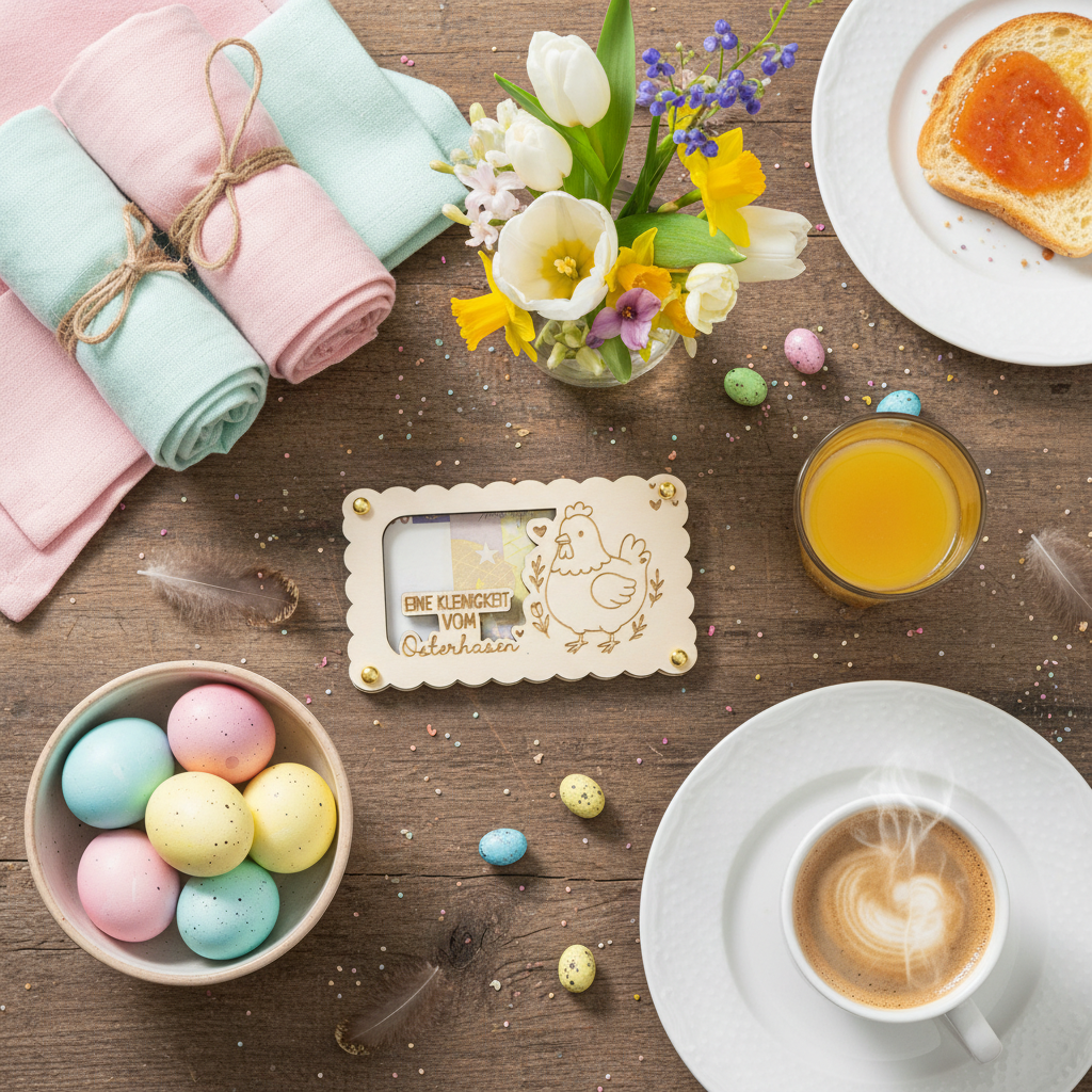 Osterbrunch Tischdekoration mit Geschenkkarte aus Holz