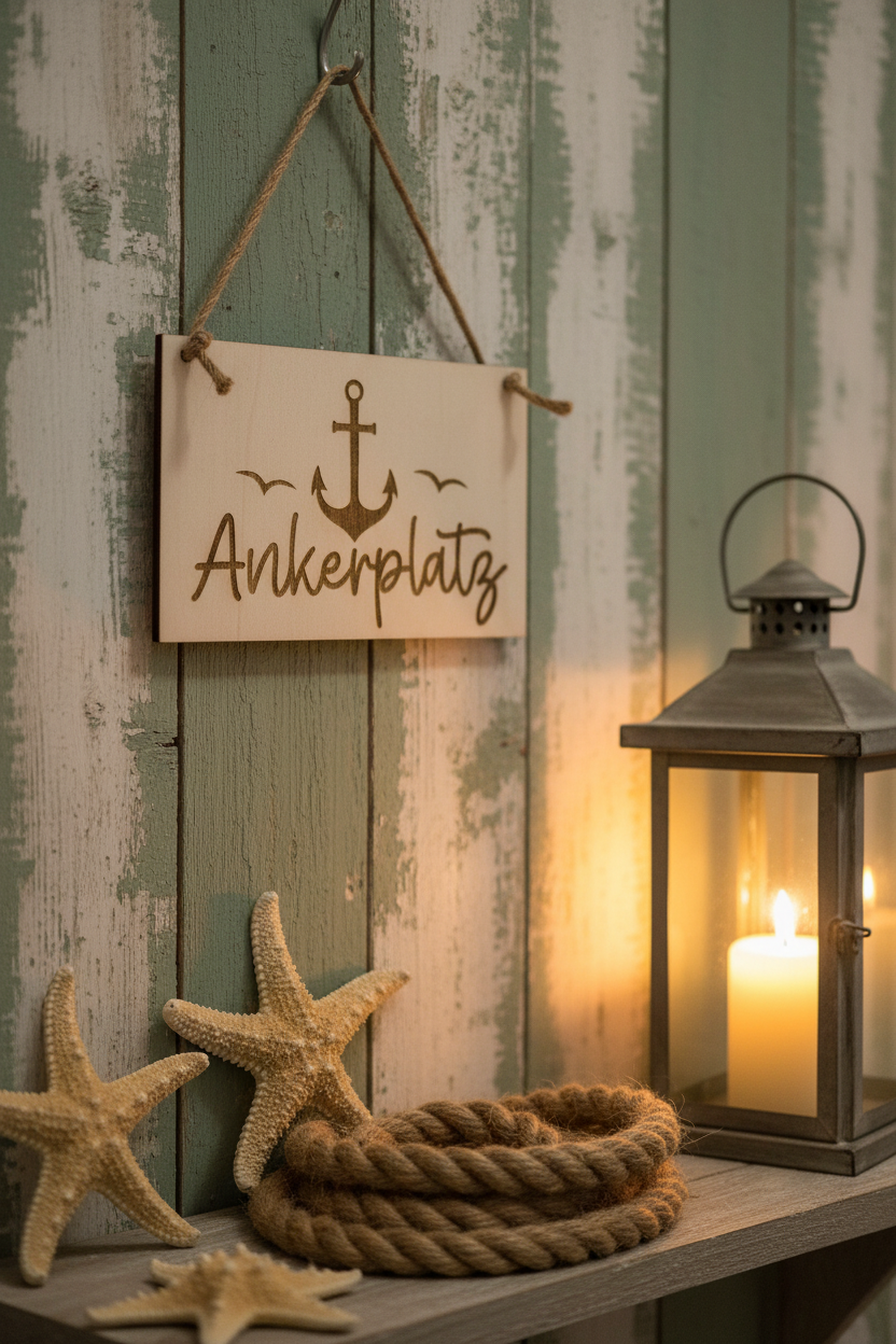 Holzschild Ankerplatz – Lifestyle Wand mit Laterne