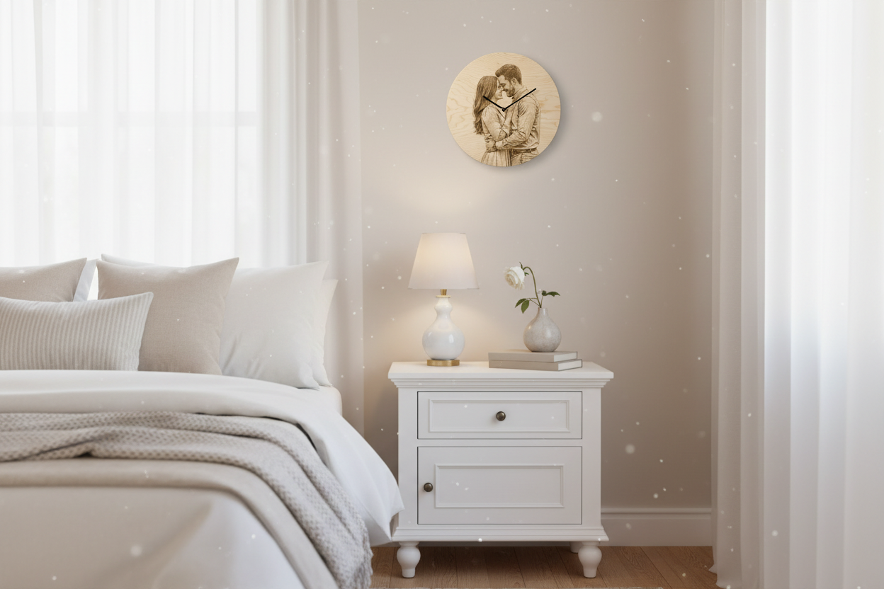 Wanduhr im Schlafzimmer über Nachttisch