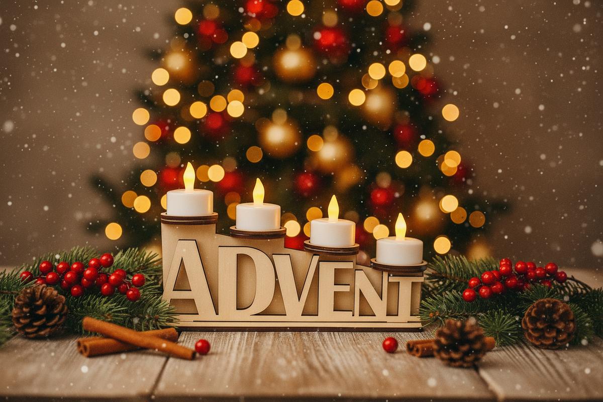 Holz Advent Schriftzug mit LED-Kerzen auf rustikalem Tisch mit Weihnachtsdekoration