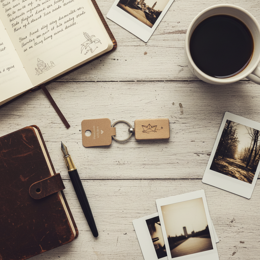 Flat Lay Träumer-Essentials mit Papierboot-Schlüsselanhänger und Vintage-Tagebuch