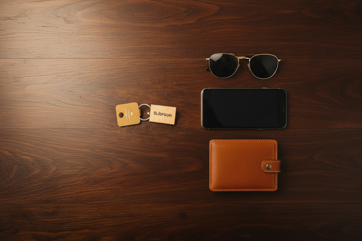Flat Lay Everyday Carry mit Schlüsselanhänger, Smartphone und Geldbörse