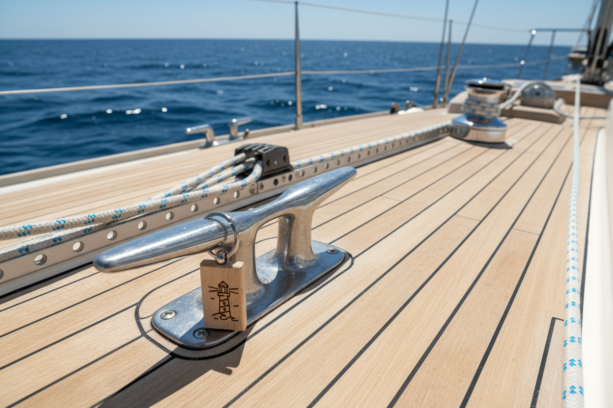 Leuchtturm-Schlüsselanhänger auf Segelboot-Deck mit Ozean und nautischer Ausrüstung
