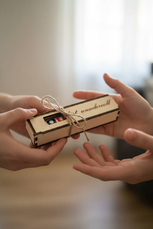 Hände schenken Holzgeschenk Du bist wundervoll - herzlicher Moment