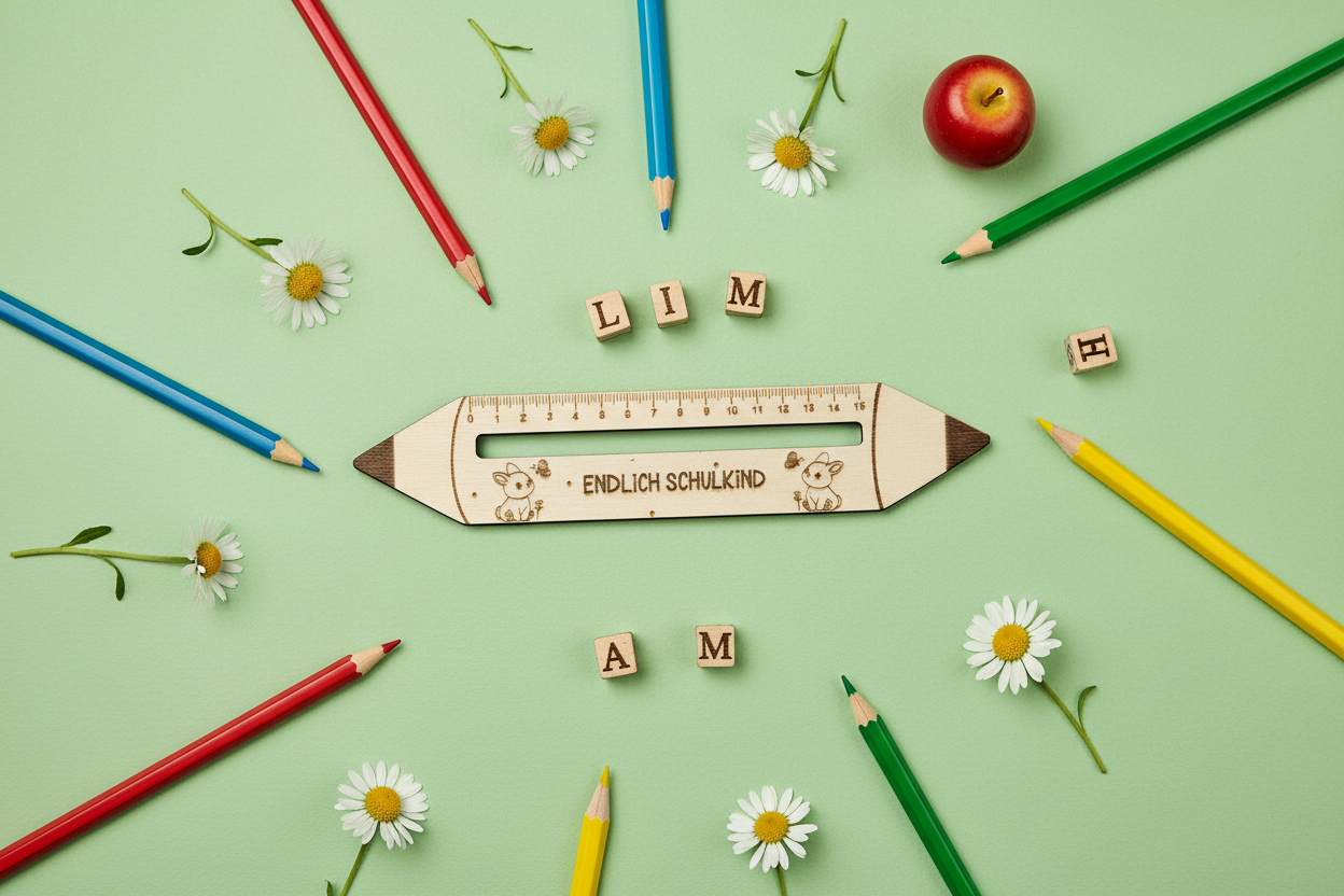 Holzlineal Endlich Schulkind flat lay pastell
