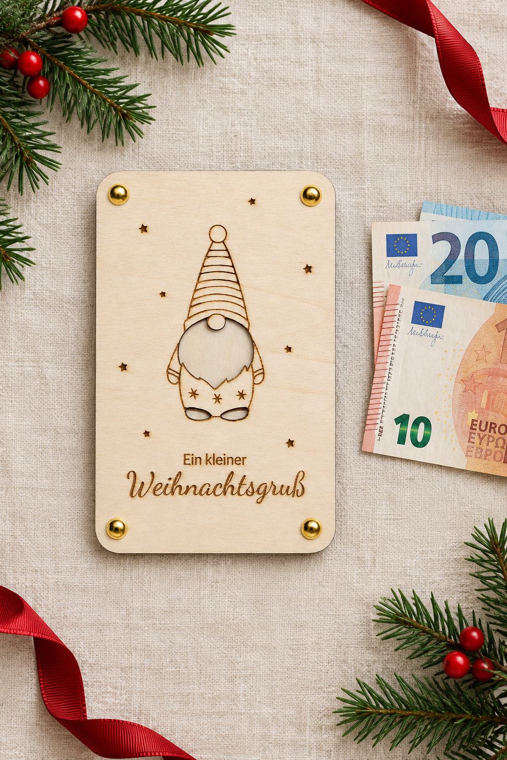 Geldgeschenk mit Weihnachtswichtel auf Leinen mit Euro-Banknoten