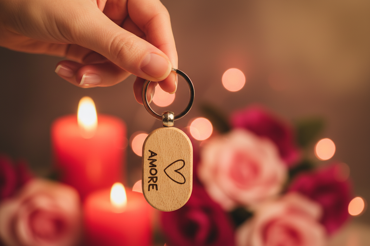 Elegante Hände halten AMORE Schlüsselanhänger - romantisches Geschenk